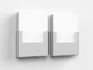 Acrylic Wall Mount Brochure Holder With Blank White Brochures. 3d render illustration.