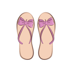 Beach flip flops with a bow. Summer fashion accessories. Ultraviolet objects isolated on white background. Vector illustration in hand drawing style for your design