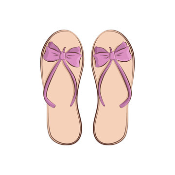 Beach flip flops with a bow. Summer fashion accessories. Ultraviolet objects isolated on white background. Vector illustration in hand drawing style for your design