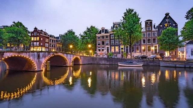 Timelapse at Night on the Amsterdam Canals at Sunset in 4K.