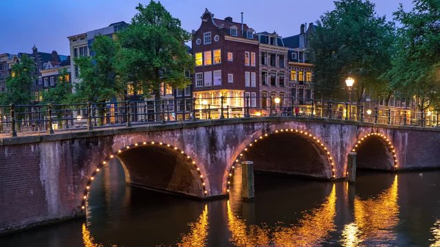 Timelapse at Night on the Amsterdam Canals and Bridges at Sunset in 4K.