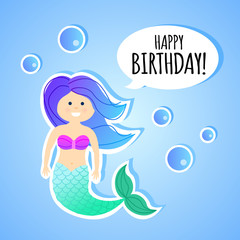 Birthday greeting card with vector cartoon mermaid for children