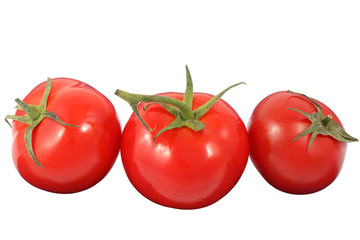 Three fresh ripe red tomato in a row isolated on a white