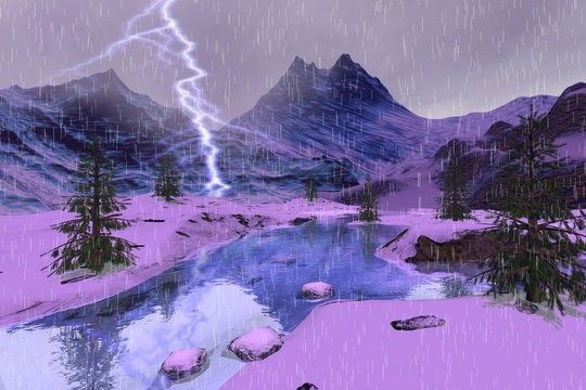 Rain and lightning in the river, a winter landscape, snowy mountains and coniferous trees.