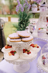 Beautiful strawberry cakes. Tasty candy stores a product from cream and strawberry.