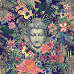 Seamless hand drawn watercolor pattern with buddha head, ganesha, flowers, leaves, feathers, flowers.