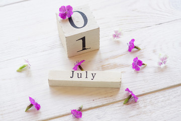 first day of July, colorful background with calendar, flowers