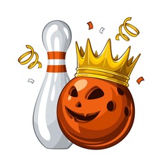 Vector illustration of bowling skittle and halloween orange bowling ball with face in golden crown, isolated on white background. Halloween. Winner. Champion 1.1