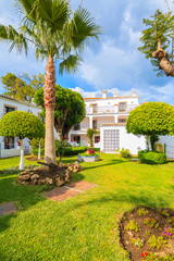 Obraz premium Tropical plants and in front of a typical house in small village near Marbella. Andalusia, Spain