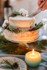 The married couple cut the wedding cake decorated with pine, berries and cotton flower