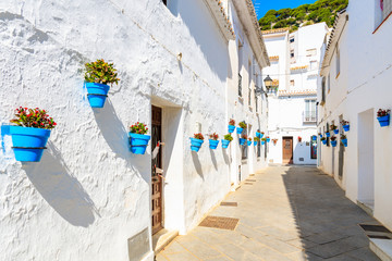 Fototapeta premium Narrow street with flowerpots in picturesque white village of Mijas, Andalusia, Spain