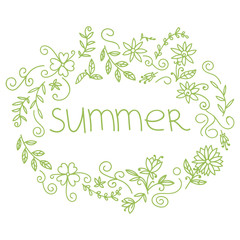 Summer postcard. Doodle summer card with floral elements, flowers, sun, curly lines. Vector illustration.