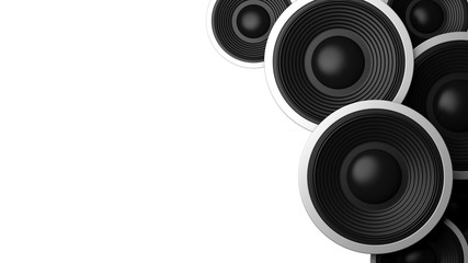 Multiple various size black sound speakers on white background, copy space. 3d illustration