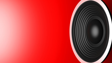Black music speaker on red background, copy space. 3d illustration