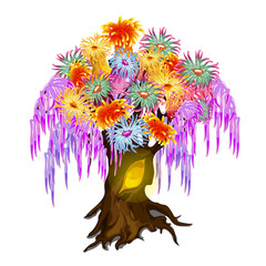 Fancy wood, covered with coelenterates mollusks with colorful tentacles isolated on white background. Vector cartoon close-up illustration.