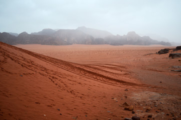 Fototapeta na wymiar Rain in the desert Wadi Musa in Jordan