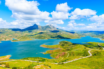 View of mountains and lakes near Zahara de la Sierra village, Andalusia, Spain