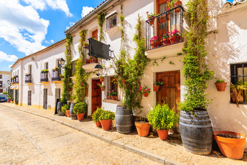 Wine shops and restaurants on narrow street in white Andalusian village with typical Spanish architecture, Zahara de la Sierra, Spain - obrazy, fototapety, plakaty