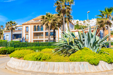 Holiday villas and palm trees near Estepona town on Costa del Sol, Spain