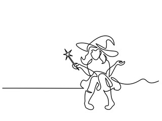 Continuous line drawing. Beautiful mage woman holding Magic wand. Vector illustration. Concept for logo, card, banner, poster, flyer