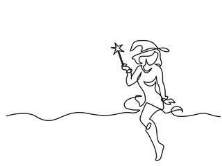 Continuous line drawing. Beautiful mage woman holding Magic wand. Vector illustration. Concept for logo, card, banner, poster, flyer
