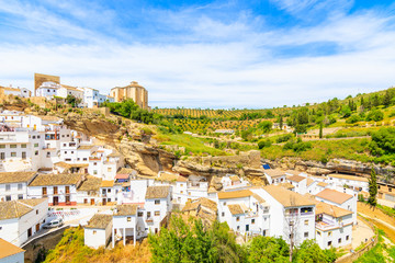 White houses in beautiful village of Sentinel de las Bodegas, Andalusia, Spain - obrazy, fototapety, plakaty