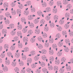 Seamless vector repeat tropical vintage pattern with tossed pineapples in navy and white with a pink background.