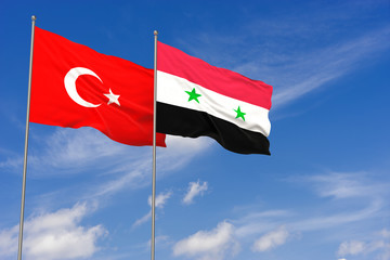 Turkey and Syria flags over blue sky background. 3D illustration