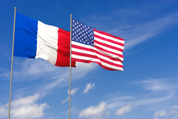 USA and France flags over blue sky background. 3D illustration