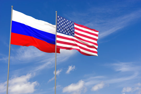 USA and Russia flags over blue sky background. 3D illustration