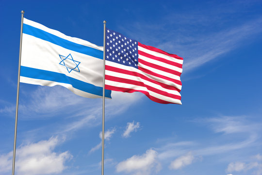 USA and Israel flags over blue sky background. 3D illustration
