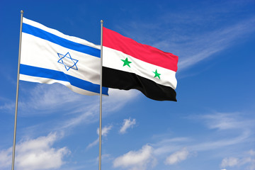 Israel and Syria flags over blue sky background. 3D illustration