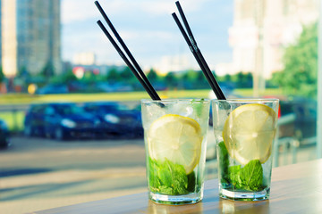 two glasses of Mojito. mint cocktail