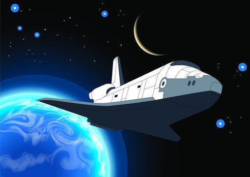 Vector illustration of a spaceship flying around the Earth