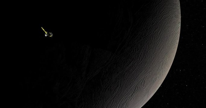 Long shot: the Cassini spacecraft in orbit around Enceladus. Reversible, can be rotated 180 degrees. Elements of this image furnished by NASA.