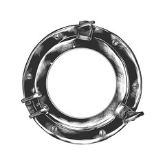 Vector engraved style illustration for posters, decoration and print. Hand drawn sketch of porthole in monochrome isolated on white background. Detailed vintage woodcut style drawing.