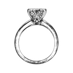 Vector engraved style illustration for posters, decoration and print. Hand drawn sketch of engagement ring in monochrome isolated on white background. Detailed vintage woodcut style drawing. - obrazy, fototapety, plakaty