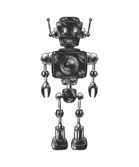 Vector engraved style illustration for posters, decoration and print. Hand drawn sketch of robot in monochrome isolated on white background.