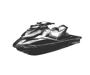 Vector engraved style illustration for posters, decoration and print. Hand drawn sketch of jet ski in monochrome isolated on white background. Detailed vintage woodcut style drawing.