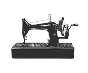 Vector engraved style illustration for posters, decoration and print. Hand drawn sketch of sewing machine in monochrome isolated on white background. Detailed vintage woodcut style drawing.