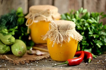 Homemade caviar from organic zucchini with onions, carrots, garlic and ripe tomatoes. Squash caviar.