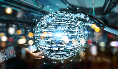 White robot hand using digital globe hud interface 3D rendering