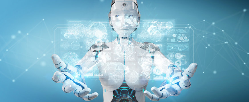 White woman cyborg using digital datas interface 3D rendering