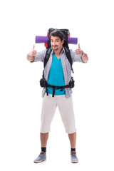 Backpacker with large backpack isolated on white