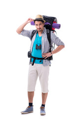 Backpacker with large backpack isolated on white