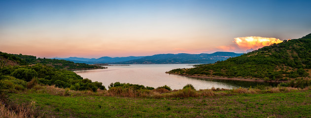 Overview of Lake Omodeo at sunset, Sardinia