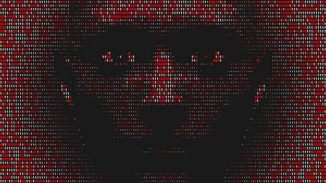Streaming abstract binary code background with face. Data and technology, decryption and encryption. Spy or Hacker concept.