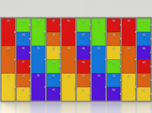 3d rendering. rainbow colorful style lockers wall background.