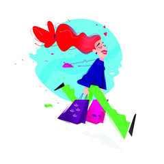 Illustration of a cute girl with shopping. Vector illustration. A cute red-haired girl is running with packages. Image is isolated on white background. Flat illustration for print and website.