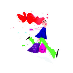 Illustration of a cute girl with shopping. Vector illustration. A cute red-haired girl is running with packages. Image is isolated on white background. Flat illustration for print and website.